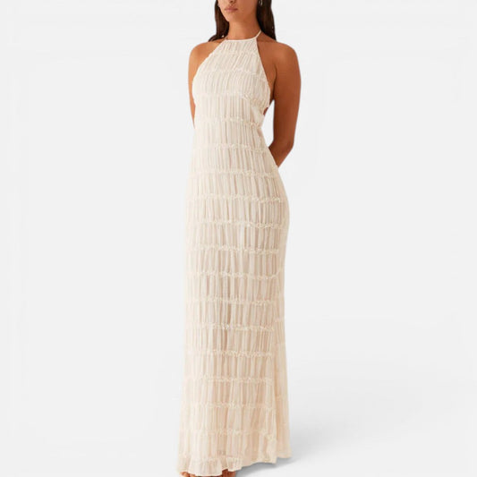 Elegant Pleated Cocktail Dress for Women with Halter Neck Sleeveless Backless Column Flowing Style