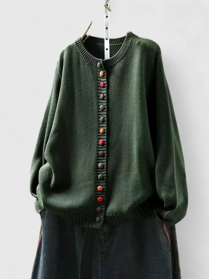 Cozy Knit Cardigan for Women with Crew Neck Button Front Long Sleeve Ribbed Trim Relaxed Style