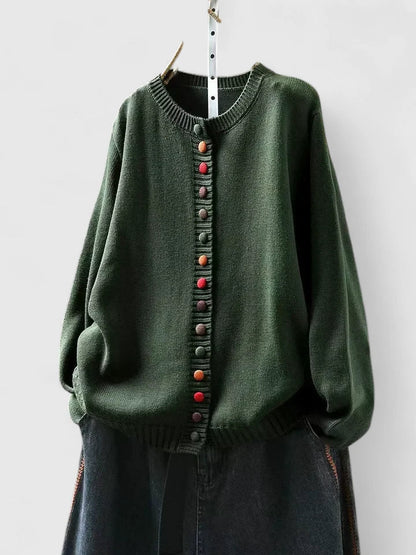Cozy Knit Cardigan for Women with Crew Neck Button Front Long Sleeve Ribbed Trim Relaxed Style