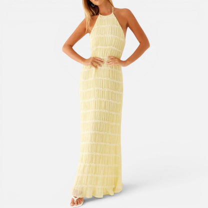 Elegant Pleated Cocktail Dress for Women with Halter Neck Sleeveless Backless Column Flowing Style