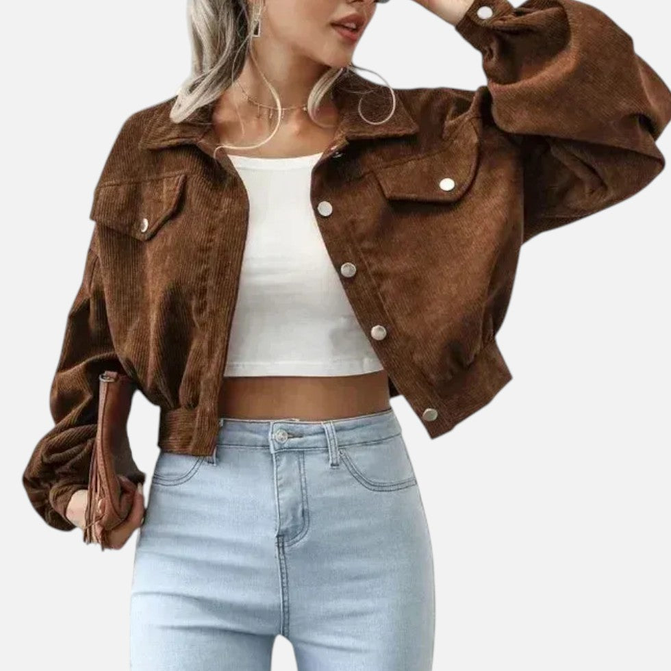 Effortless Corduroy Cropped Jacket for Women with Collar Balloon Sleeve Button Front Relaxed Style
