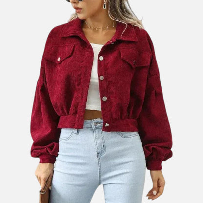 Effortless Corduroy Cropped Jacket for Women with Collar Balloon Sleeve Button Front Relaxed Style