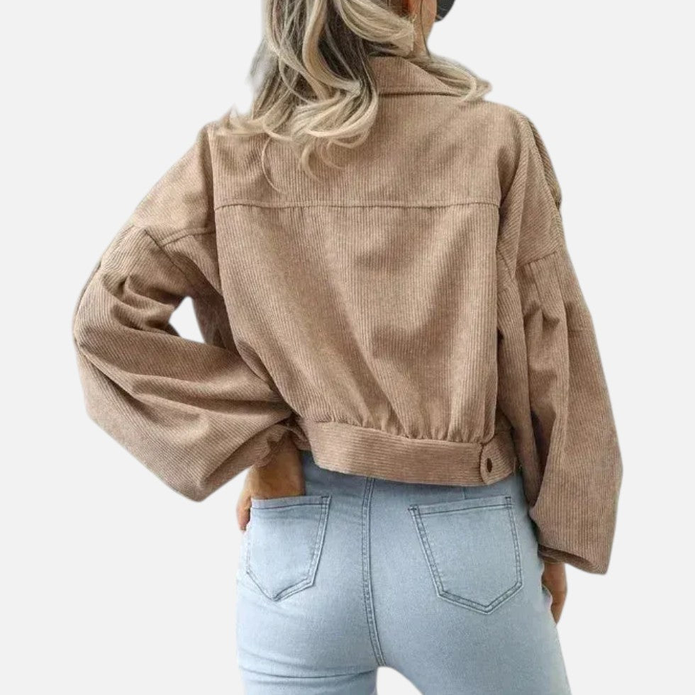 Effortless Corduroy Cropped Jacket for Women with Collar Balloon Sleeve Button Front Relaxed Style