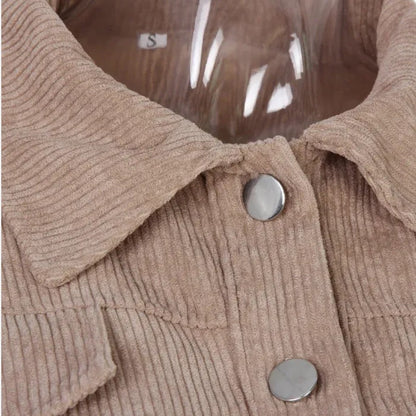 Effortless Corduroy Cropped Jacket for Women with Collar Balloon Sleeve Button Front Relaxed Style