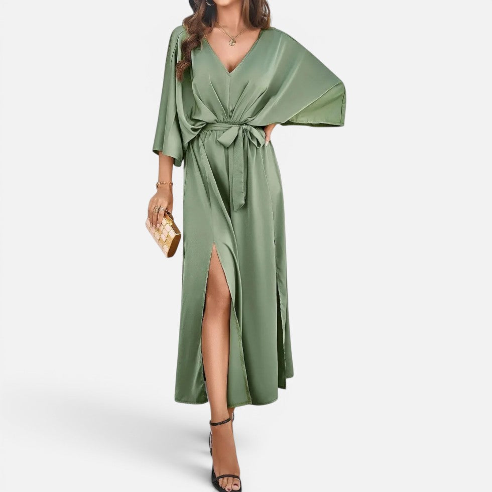 Elegant Wrap Cocktail Dress for Women with V Neck Batwing Sleeve Tie Waist Side Slit Flowing Style