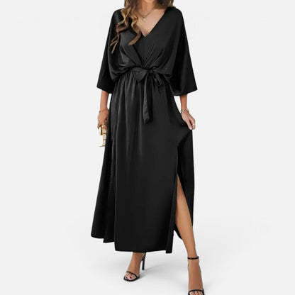 Elegant Wrap Cocktail Dress for Women with V Neck Batwing Sleeve Tie Waist Side Slit Flowing Style