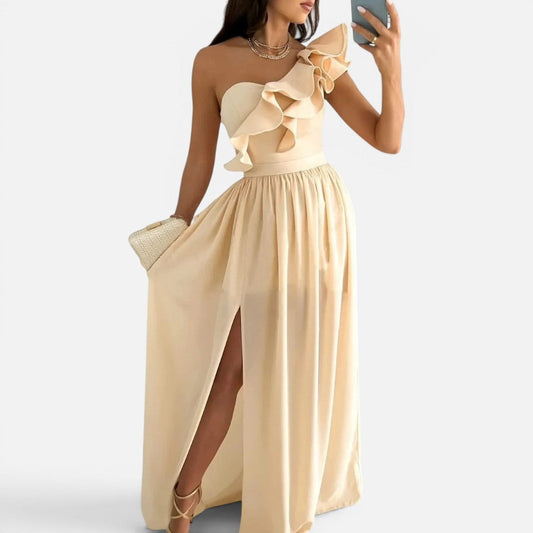 Elegant Chiffon Cocktail Dress for Women with One Shoulder Ruffle Trim High Slit Flowing Style