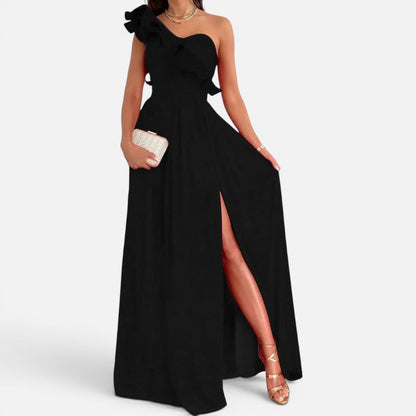 Elegant Chiffon Cocktail Dress for Women with One Shoulder Ruffle Trim High Slit Flowing Style