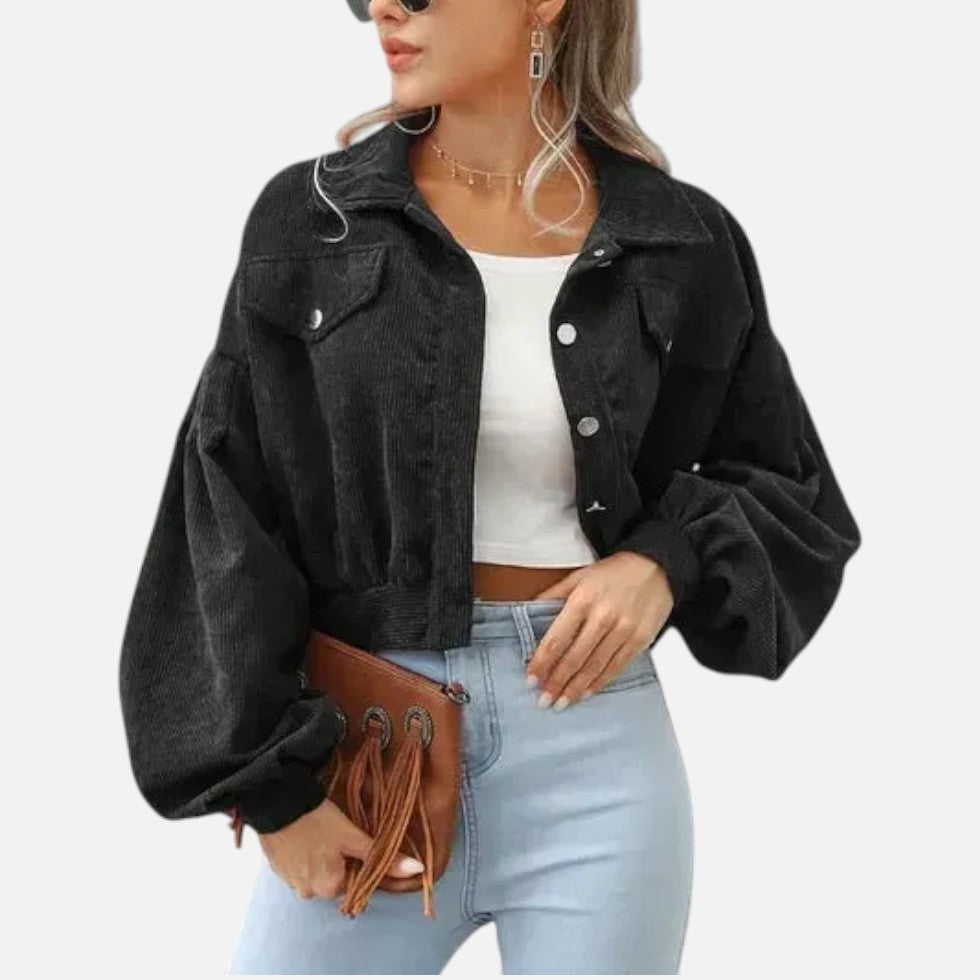 Effortless Corduroy Cropped Jacket for Women with Collar Balloon Sleeve Button Front Relaxed Style