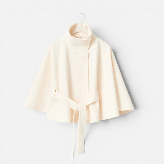 Elegant Wool Blend Poncho for Women with High Neck Cape Sleeve Belted Button Front Style