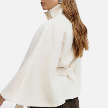 Elegant Wool Blend Poncho for Women with High Neck Cape Sleeve Belted Button Front Style