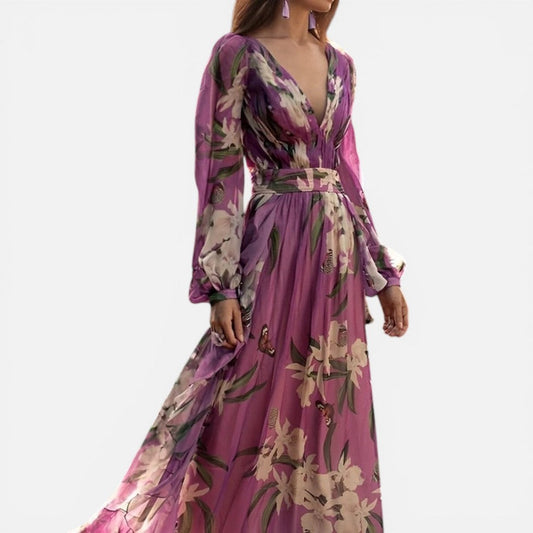 Elegant Purple Floral Maxi Cocktail Dress for Women with V Neck Balloon Sleeve Belted Flowing Style