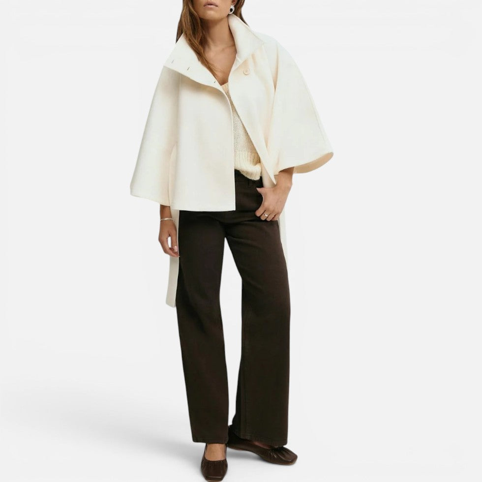 Elegant Wool Blend Poncho for Women with High Neck Cape Sleeve Belted Button Front Style