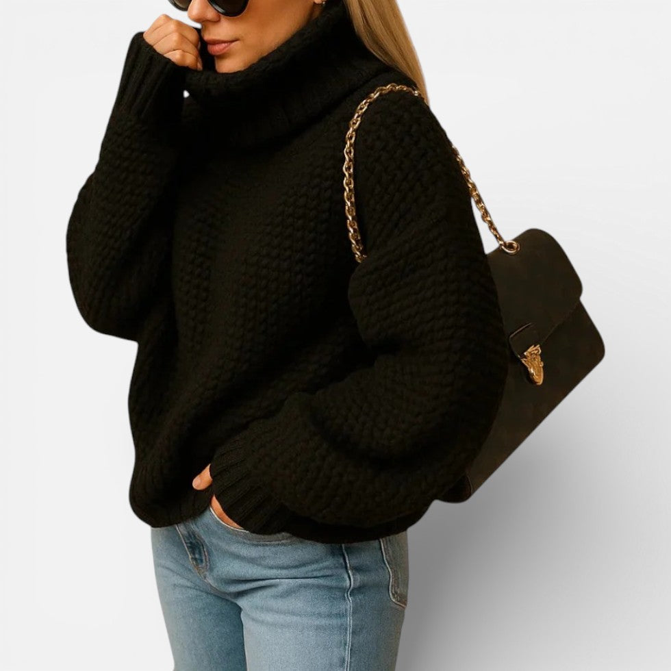 Comfortable Waffle Knit Sweater for Women with Turtleneck Balloon Sleeve Oversized Relaxed Style