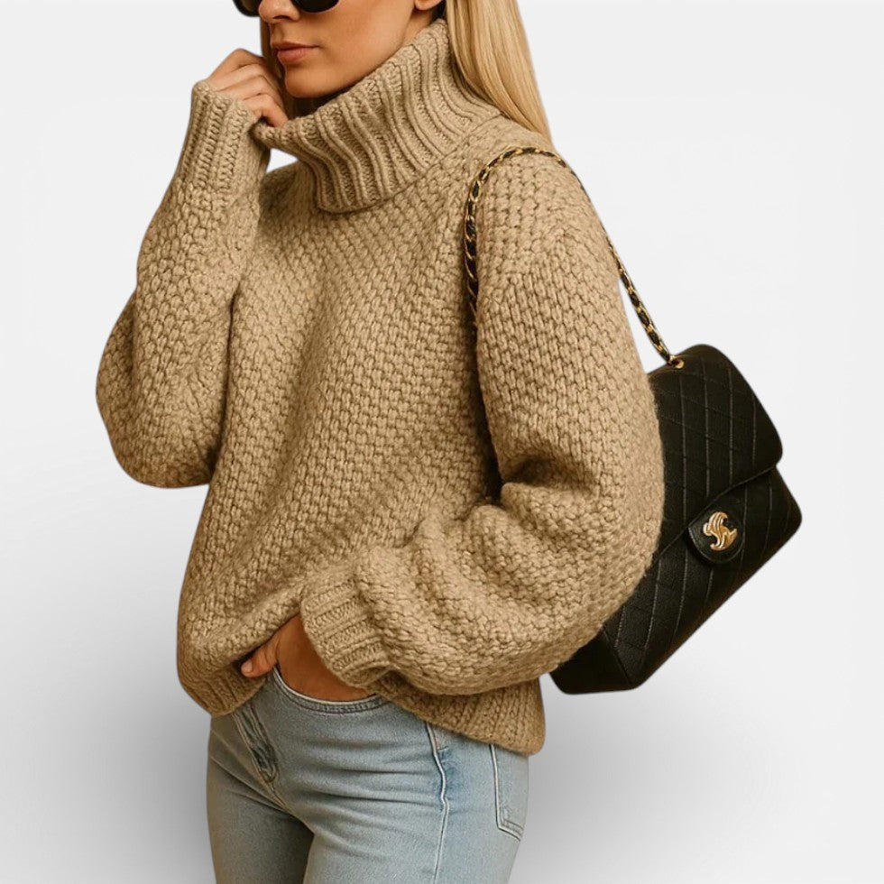 Comfortable Waffle Knit Sweater for Women with Turtleneck Balloon Sleeve Oversized Relaxed Style