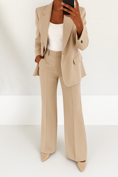 Elegant Two Piece Set for Women with Single Button Blazer Wide Leg Pants Tailored Formal Style
