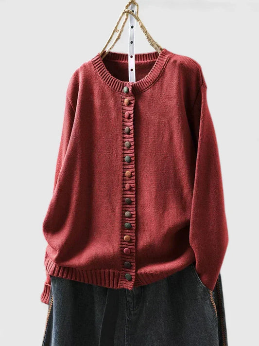 Cozy Knit Cardigan for Women with Crew Neck Button Front Long Sleeve Ribbed Trim Relaxed Style