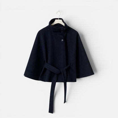 Elegant Wool Blend Poncho for Women with High Neck Cape Sleeve Belted Button Front Style