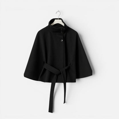 Elegant Wool Blend Poncho for Women with High Neck Cape Sleeve Belted Button Front Style