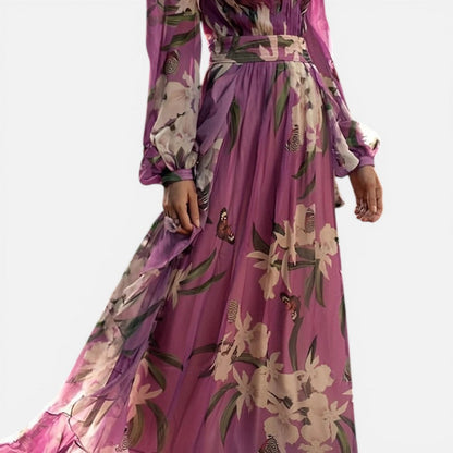 Elegant Purple Floral Maxi Cocktail Dress for Women with V Neck Balloon Sleeve Belted Flowing Style