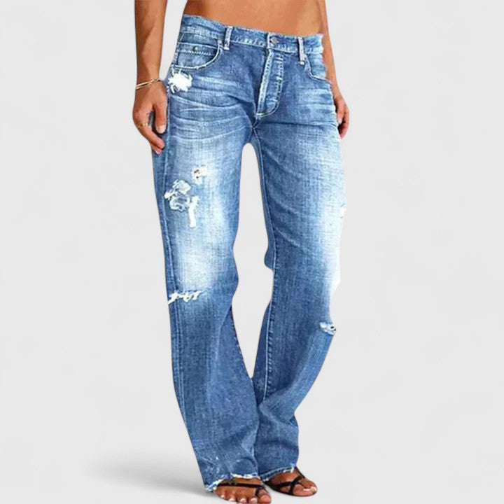 Effortless Blue Distressed Wide Leg Jeans for Women with High Waist Ripped Frayed Hem Casual Style