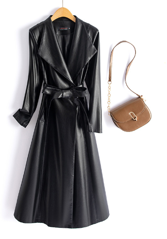Elegant Black Faux Leather Maxi Coat for Women with Draped Lapel Long Sleeve Tie Belt Flared Style