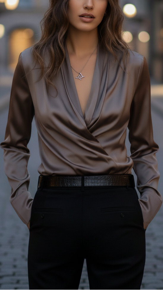 Elegant Brown Satin Going Out Top for Women with V Neck Long Sleeve Wrap Draped Silky Style
