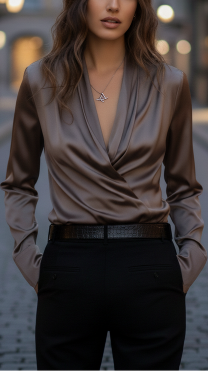Elegant Brown Satin Going Out Top for Women with V Neck Long Sleeve Wrap Draped Silky Style