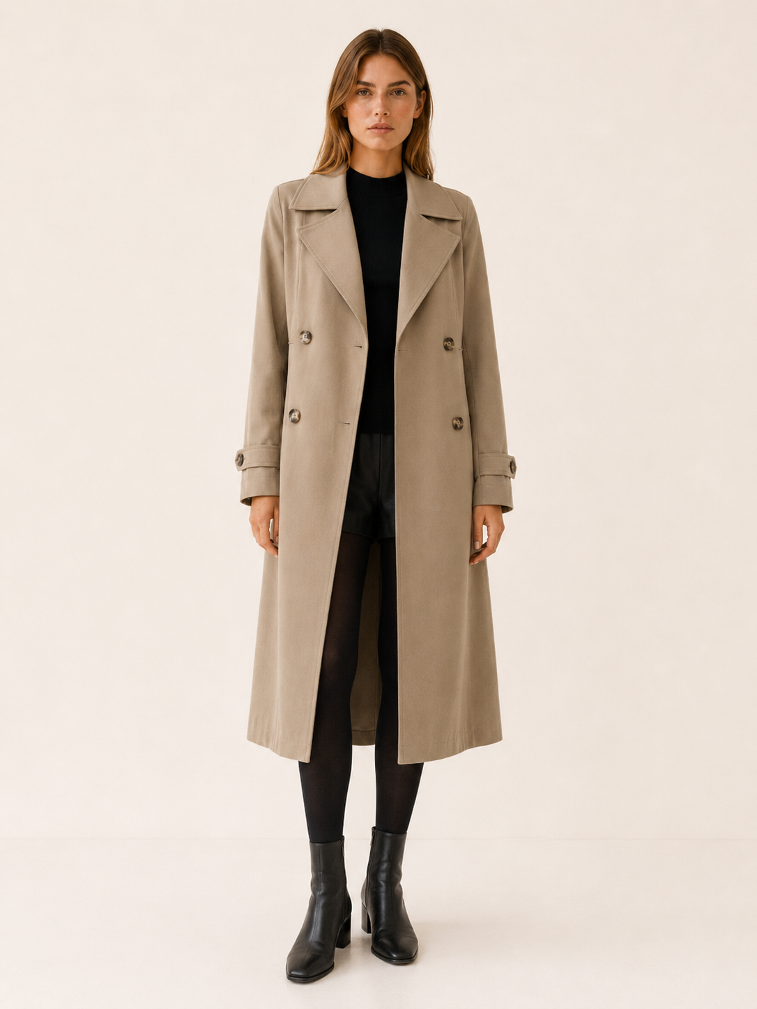 Timeless Long Trench Coat for Women with Double Breasted Notched Lapel Belted Waist Classic Style