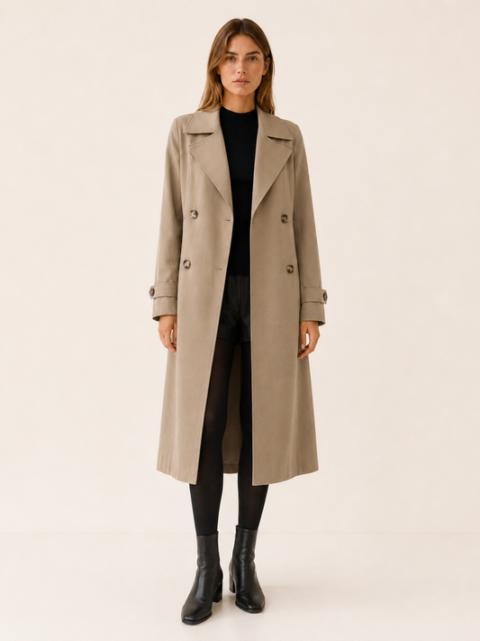 Timeless Long Trench Coat for Women with Double Breasted Notched Lapel Belted Waist Classic Style