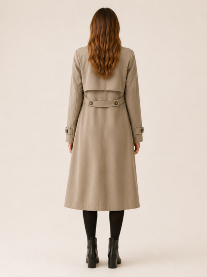 Timeless Long Trench Coat for Women with Double Breasted Notched Lapel Belted Waist Classic Style
