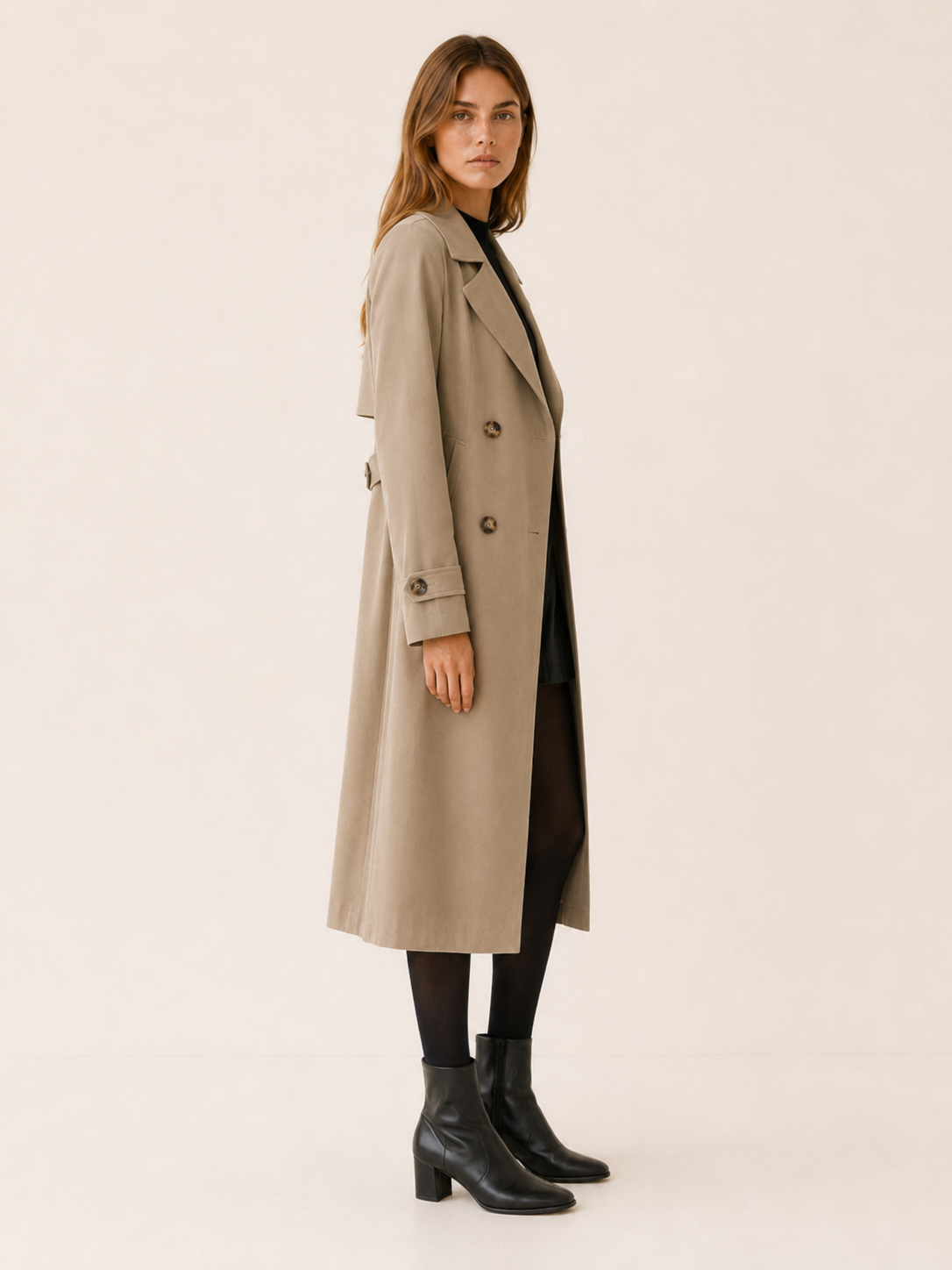 Timeless Long Trench Coat for Women with Double Breasted Notched Lapel Belted Waist Classic Style