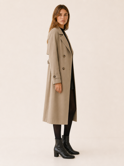 Timeless Long Trench Coat for Women with Double Breasted Notched Lapel Belted Waist Classic Style