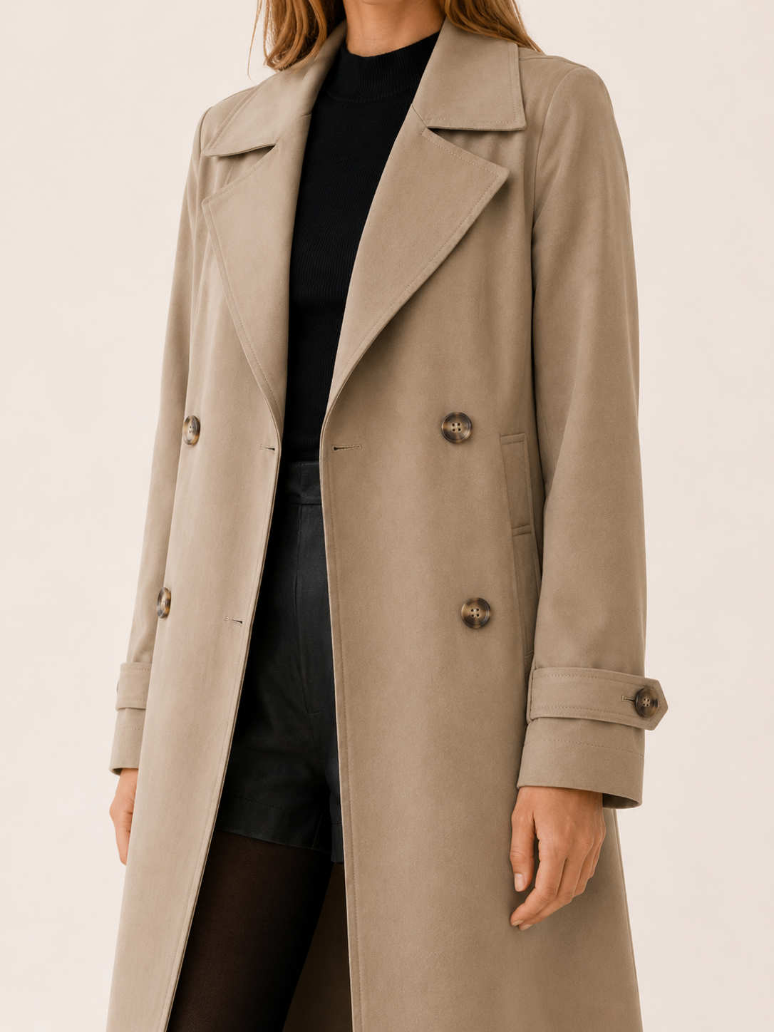 Timeless Long Trench Coat for Women with Double Breasted Notched Lapel Belted Waist Classic Style