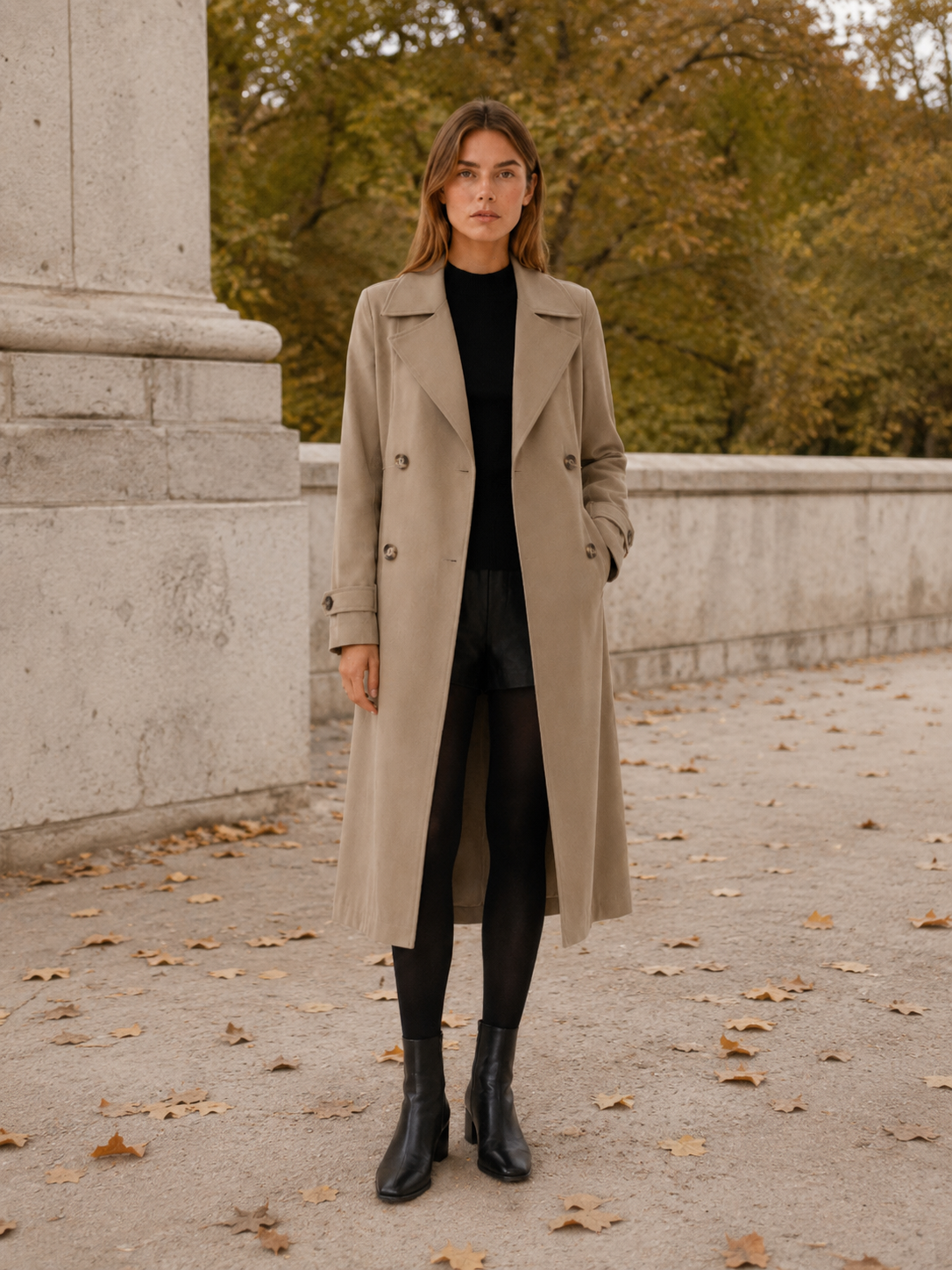 Timeless Long Trench Coat for Women with Double Breasted Notched Lapel Belted Waist Classic Style