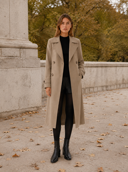 Timeless Long Trench Coat for Women with Double Breasted Notched Lapel Belted Waist Classic Style