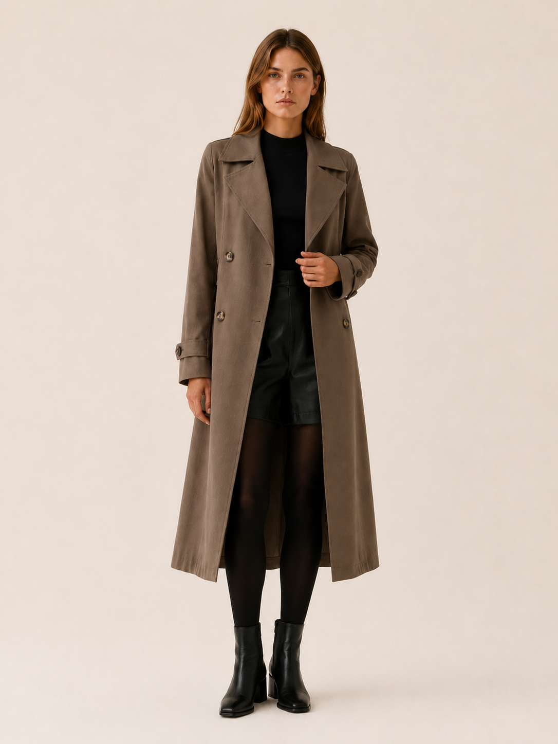 Timeless Long Trench Coat for Women with Double Breasted Notched Lapel Belted Waist Classic Style