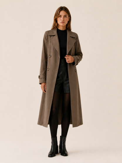 Timeless Long Trench Coat for Women with Double Breasted Notched Lapel Belted Waist Classic Style