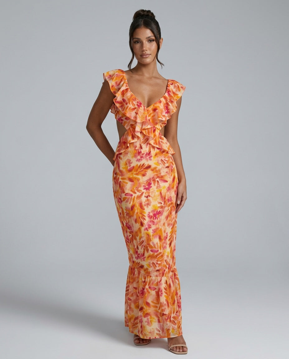 Elegant Floral Cocktail Maxi Dress for Women with Ruffle V Neck Sleeveless Bodycon Party Style