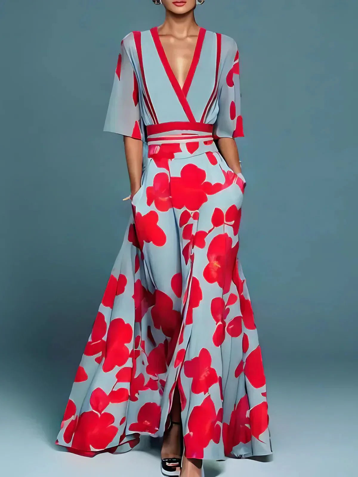Elegant Red Floral Two Piece Set for Women with V Neck Short Sleeve Wide Leg Pants Formal Wedding Guest Style