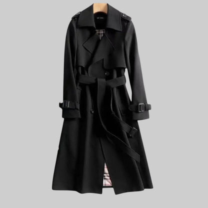 Elegant Trench Coat for Women with Lapel Collar Belted Waist Double Breasted Longline Style
