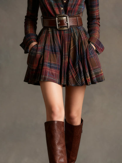 Effortless Plaid Mini Shirt Dress for Women with Belted Pleated Style