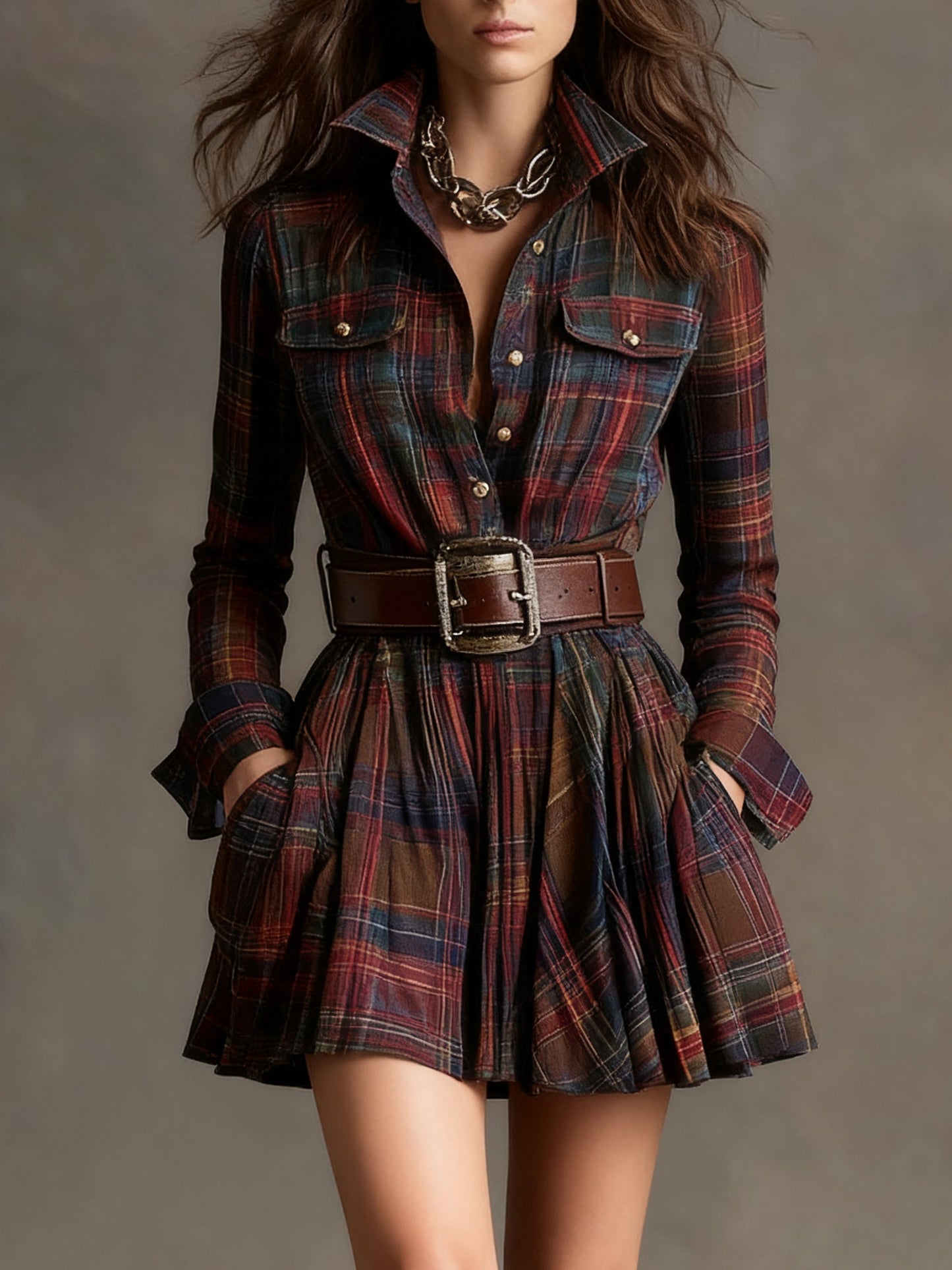 Effortless Plaid Mini Shirt Dress for Women with Belted Pleated Style