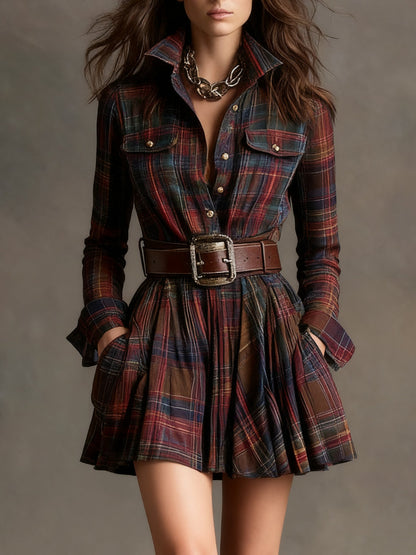 Effortless Plaid Mini Shirt Dress for Women with Belted Pleated Style