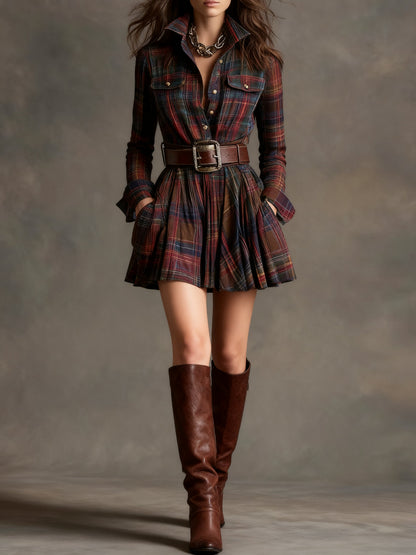 Effortless Plaid Mini Shirt Dress for Women with Belted Pleated Style
