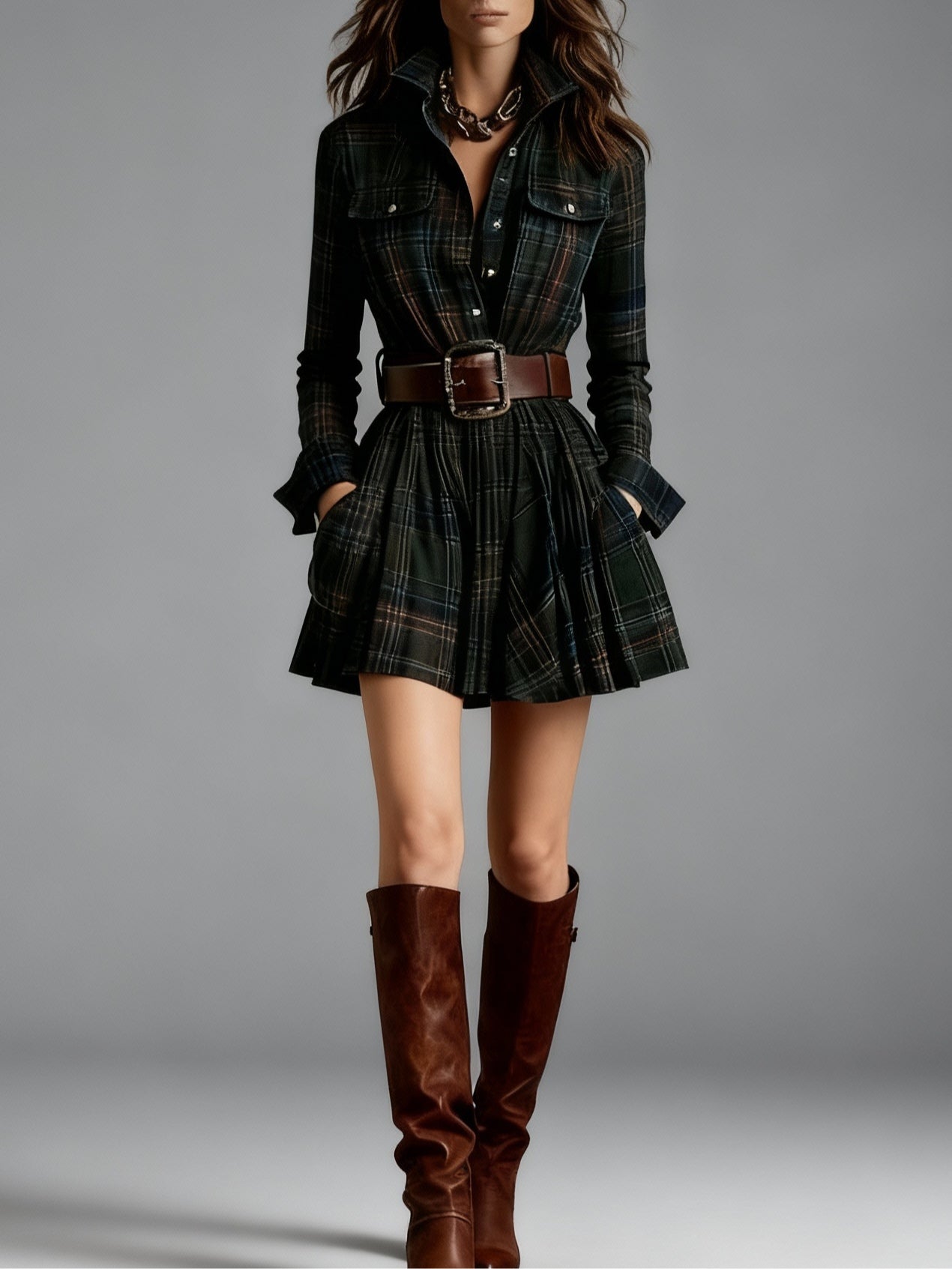 Effortless Plaid Mini Shirt Dress for Women with Belted Pleated Style