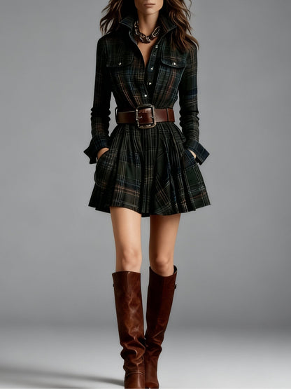 Effortless Plaid Mini Shirt Dress for Women with Belted Pleated Style