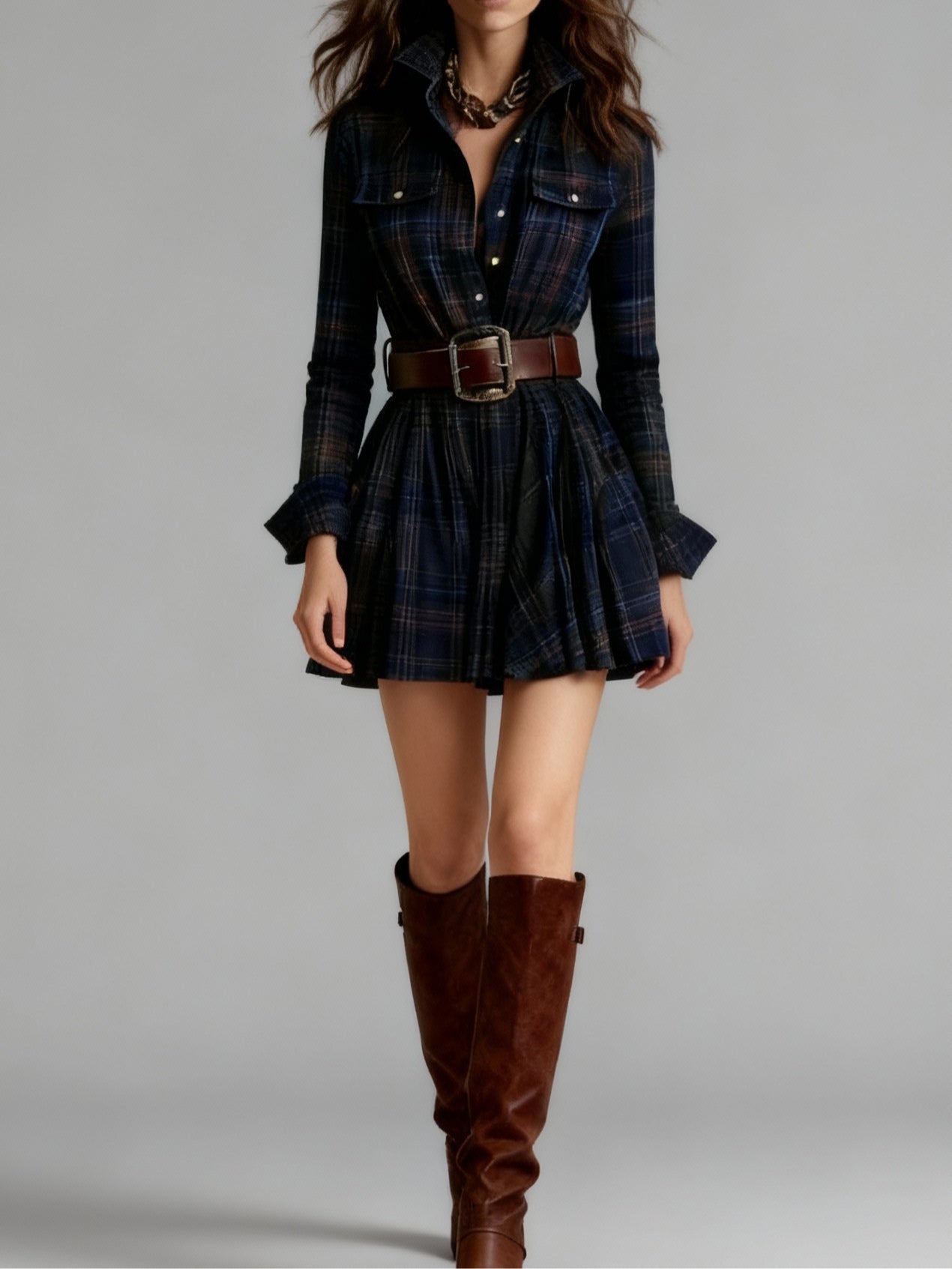 Effortless Plaid Mini Shirt Dress for Women with Belted Pleated Style