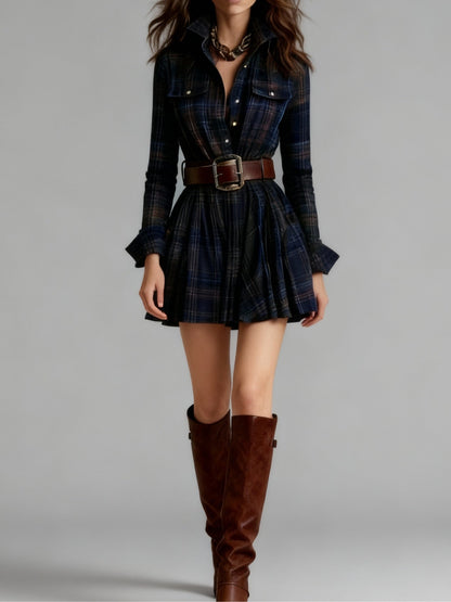Effortless Plaid Mini Shirt Dress for Women with Belted Pleated Style