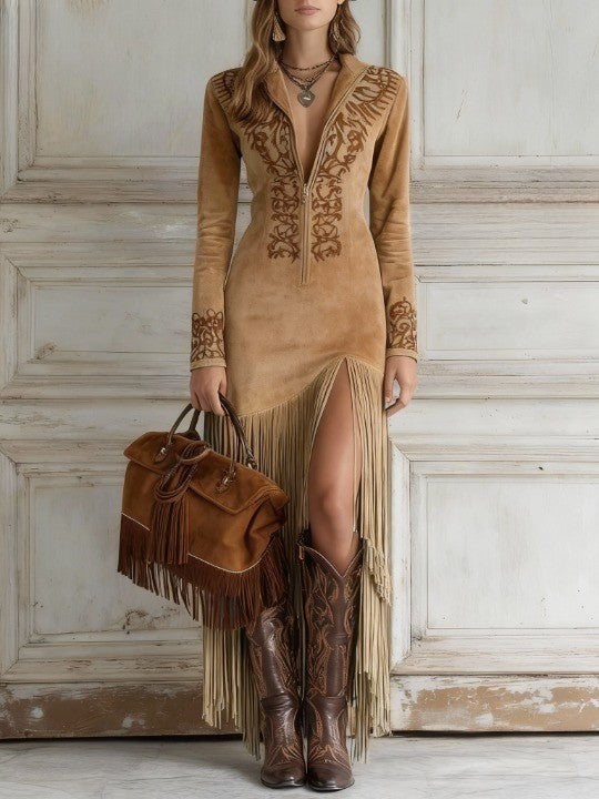 Effortless Embroidered Maxi Dress for Women with Western Fringe Detail